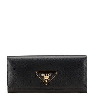 Prada Triangle Logo Plate Long Wallet Black Leather